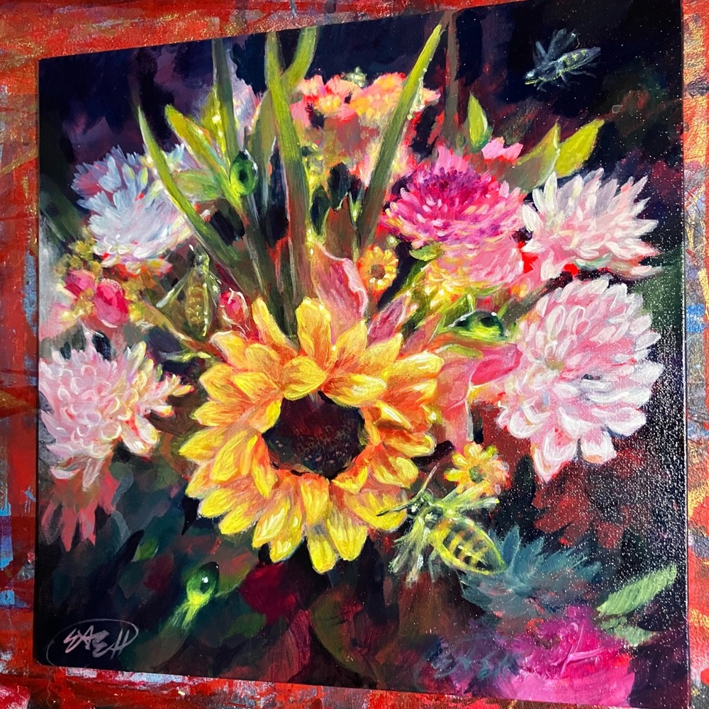 Original floral painting ladybug bee art Vibrant Floral Sunflower Artettina
